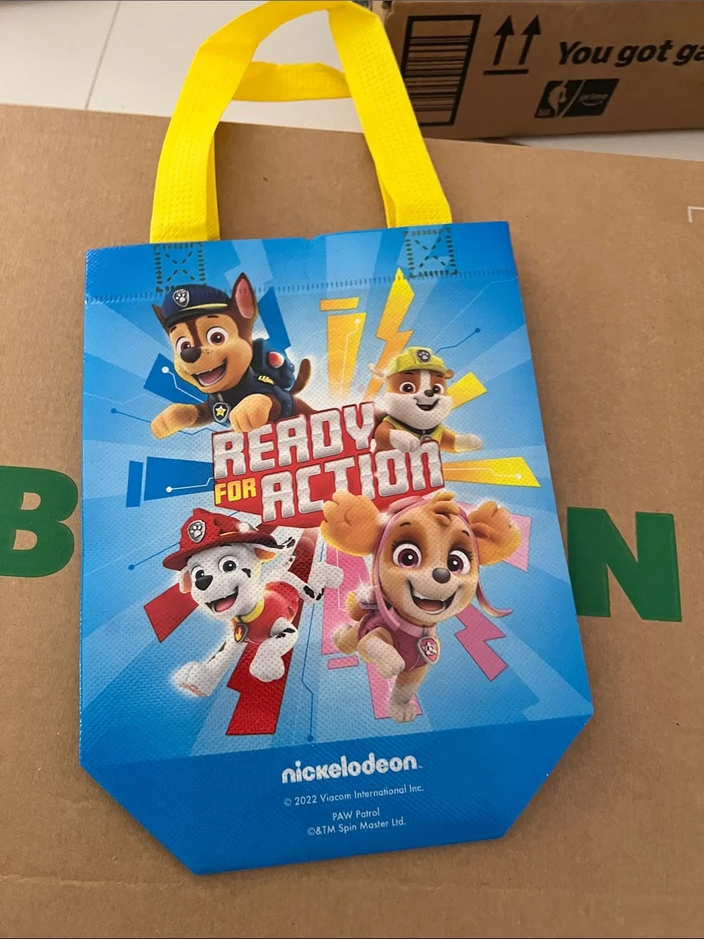 Set of 3 Paw Patrol Ready for Action Blue Party Tote Bags with Yellow Handles
